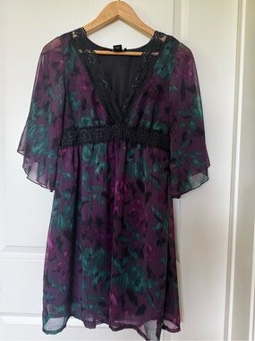 Angie Purple & Green Floral Lace Trim Dress | Size M
